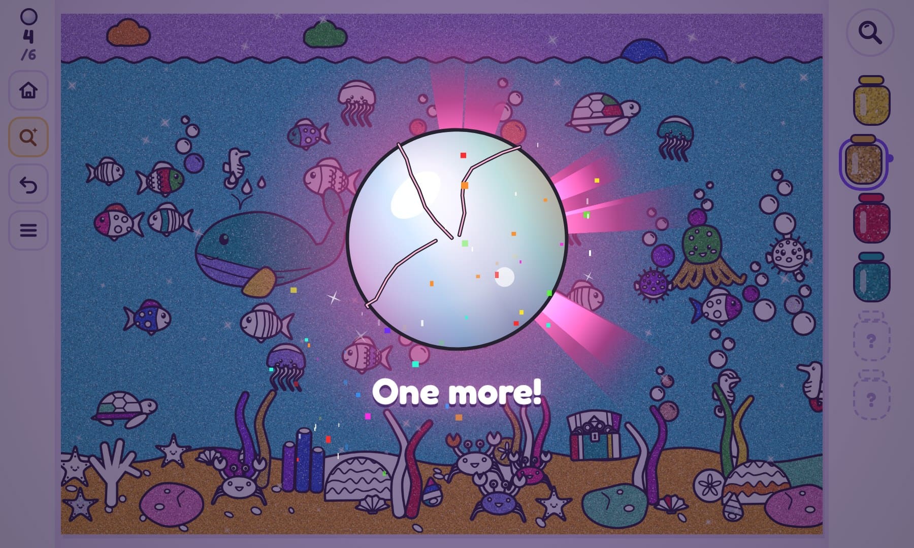 Glitter Blast: a cracked shiny ball glowing over an undersea coloring page filled in with glitter