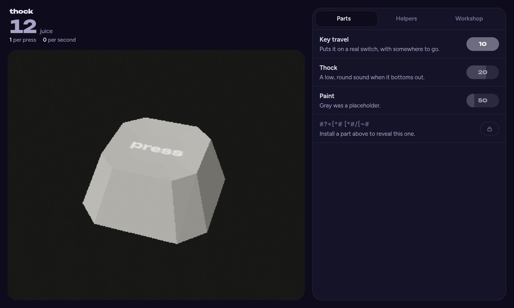 Thock: a single 3D keycap next to an upgrade shop