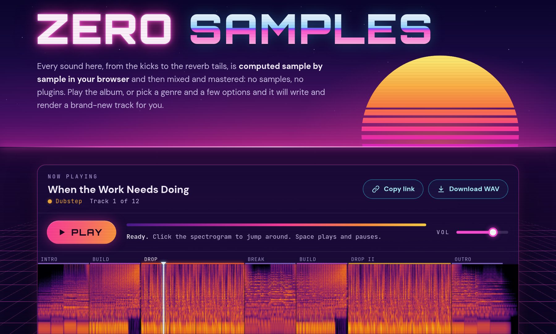 Zero Samples: a synthwave music player with a striped sunset, a neon grid and the spectrogram of a rendered track